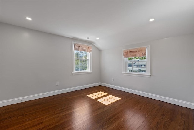 8 Whispering Hill Rd, Woburn, MA 01801 - unfurnished room featuring baseboards, dark wood-style flooring, recessed lighting, and vaulted ceiling