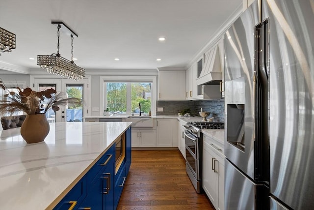 8 Whispering Hill Rd, Woburn, MA 01801 - kitchen with custom exhaust hood, blue cabinets, a sink, white cabinetry, and appliances with stainless steel finishes