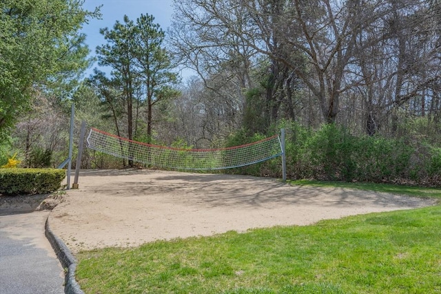 surrounding community with a yard and volleyball court