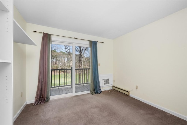 carpeted empty room with baseboards, a baseboard radiator, and a wall unit AC