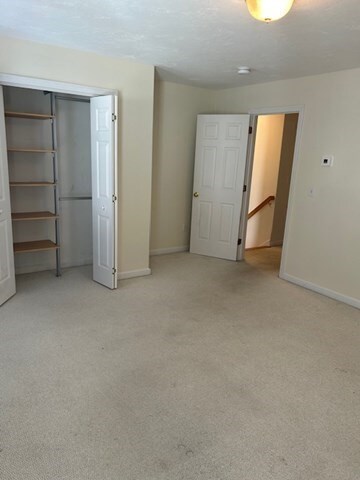 unfurnished bedroom with light colored carpet and a closet