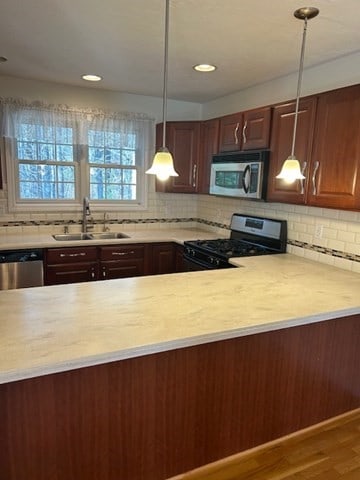 kitchen featuring tasteful backsplash, stainless steel appliances, sink, wood-type flooring, and decorative light fixtures