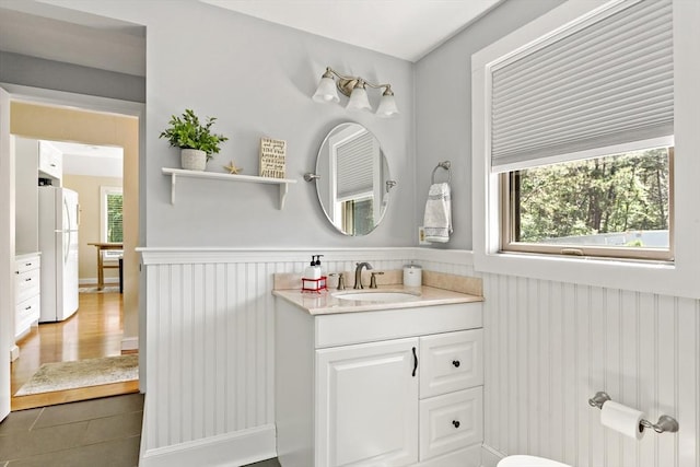 bathroom with plenty of natural light, wood-type flooring, and vanity