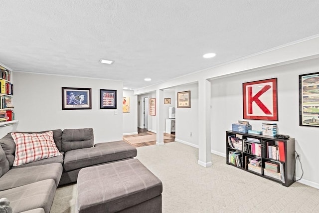 382 Tilden Rd, Scituate, MA 02066 - living area featuring carpet flooring, recessed lighting, a textured ceiling, and ornamental molding