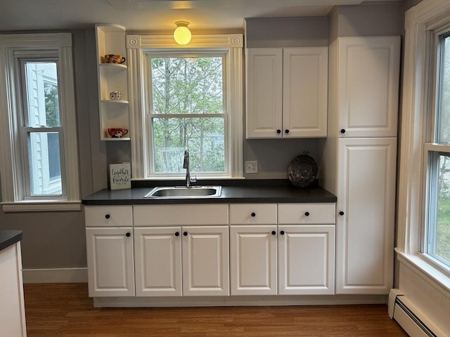 kitchen featuring a baseboard radiator, a sink, dark countertops, and white cabinets