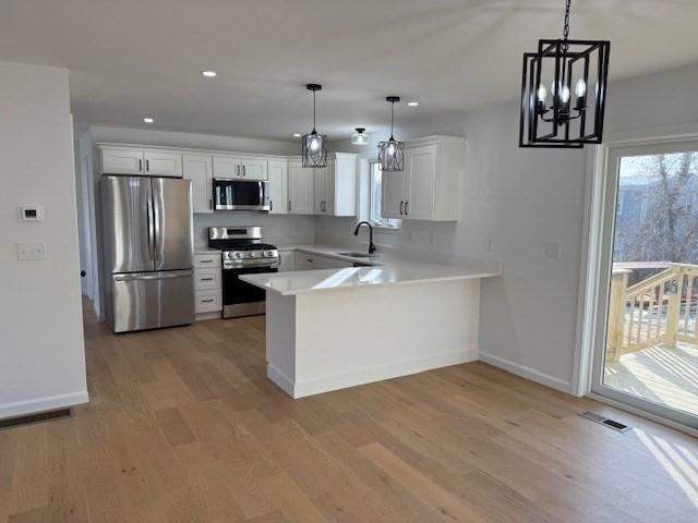 kitchen featuring white cabinetry, appliances with stainless steel finishes, sink, and kitchen peninsula