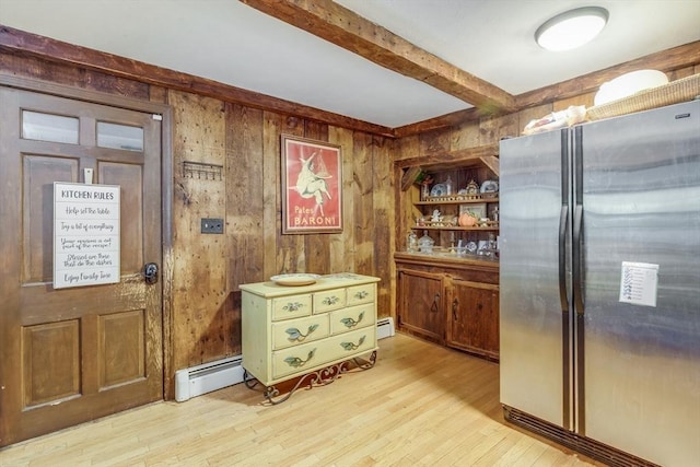 7 Mount Dustin Ave, Haverhill, MA 01832 - kitchen with freestanding refrigerator, a baseboard radiator, beam ceiling, light wood finished floors, and wooden walls