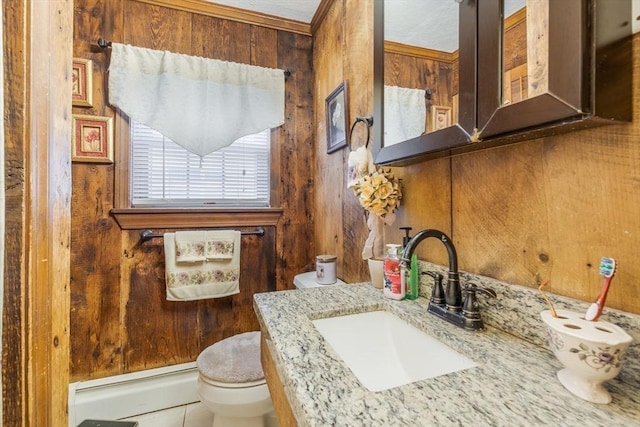 7 Mount Dustin Ave, Haverhill, MA 01832 - bathroom with wood walls, vanity, and a baseboard radiator