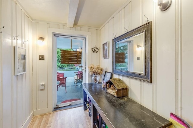 7 Mount Dustin Ave, Haverhill, MA 01832 - doorway with a decorative wall, light wood finished floors, and beam ceiling