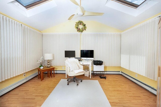 33 Samoset Ave, Quincy, MA 02169 - home office with a skylight, vaulted ceiling, wood finished floors, and a baseboard radiator