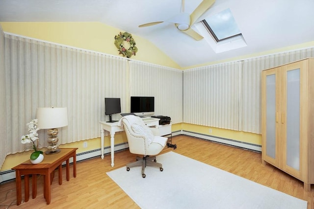 33 Samoset Ave, Quincy, MA 02169 - office space with lofted ceiling, a skylight, a baseboard heating unit, wood finished floors, and wallpapered walls