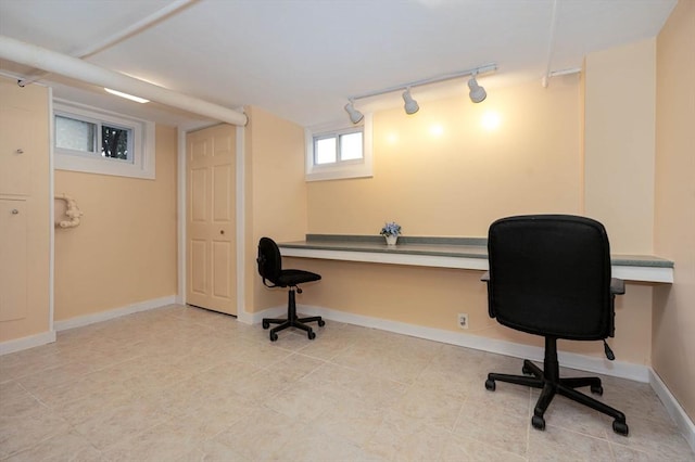 33 Samoset Ave, Quincy, MA 02169 - office featuring rail lighting, built in study area, baseboards, and tile patterned flooring