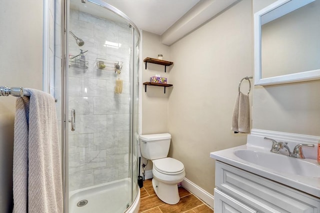 215 Curve, Dedham, MA 02026 - full bathroom with toilet, a stall shower, vanity, wood finished floors, and baseboards