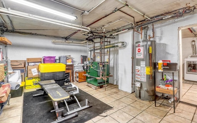 215 Curve, Dedham, MA 02026 - below grade area featuring washer / clothes dryer, gas water heater, tile patterned floors, and a heating unit