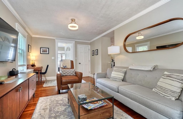 215 Curve, Dedham, MA 02026 - living area with wood finished floors, healthy amount of natural light, crown molding, baseboards, and a textured ceiling