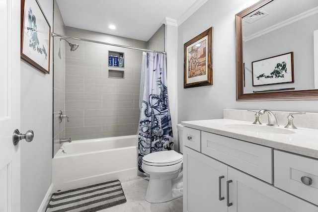 full bath featuring shower / bathtub combination with curtain, visible vents, toilet, crown molding, and vanity