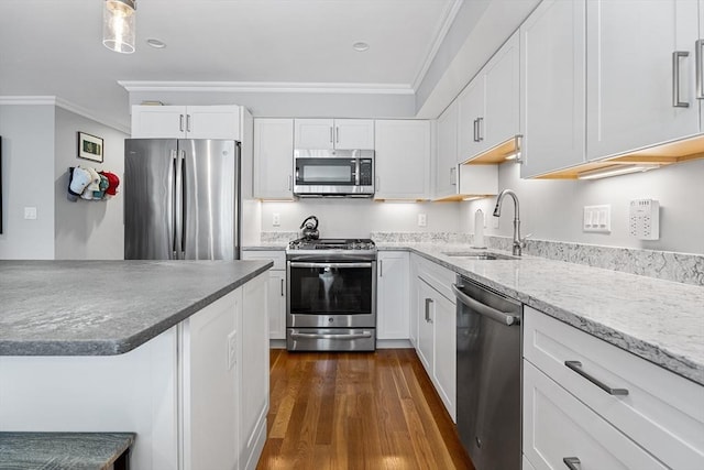 kitchen featuring a sink, dark wood-type flooring, ornamental molding, and stainless steel appliances