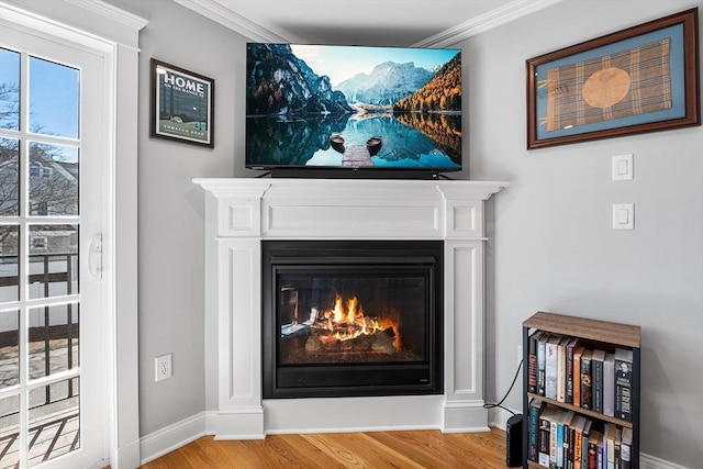 details with a glass covered fireplace, crown molding, wood finished floors, and baseboards