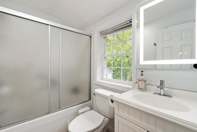 2 Pinebrook Ln, Worcester, MA 01609 - full bathroom with vanity, toilet, shower / bath combination with glass door, and lofted ceiling