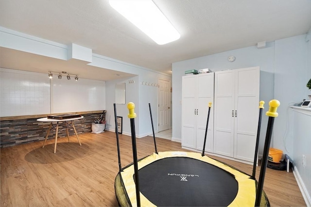 2 Pinebrook Ln, Worcester, MA 01609 - game room featuring light wood-style floors, baseboards, and rail lighting