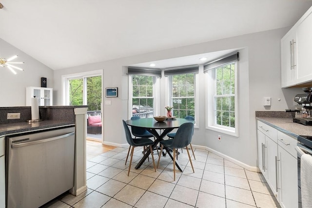 2 Pinebrook Ln, Worcester, MA 01609 - kitchen with appliances with stainless steel finishes, plenty of natural light, white cabinets, light tile patterned floors, and lofted ceiling