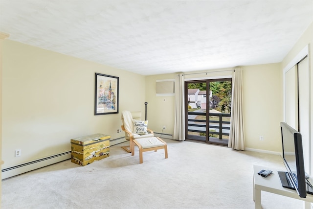 living area featuring carpet floors and baseboard heating