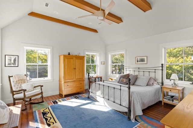 bedroom with ceiling fan, high vaulted ceiling, beamed ceiling, and hardwood / wood-style floors