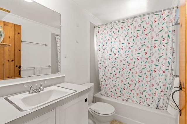 full bathroom with toilet, crown molding, vanity, and shower / bathtub combination with curtain