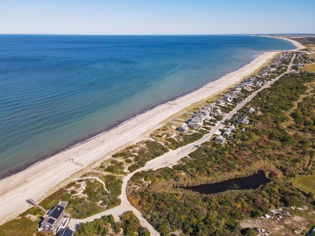 drone / aerial view with a water view and a view of the beach