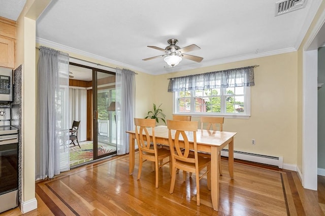 10 Shea Cir, Burlington, MA 01803 - dining area featuring a baseboard radiator, light wood-style floors, ornamental molding, and a ceiling fan
