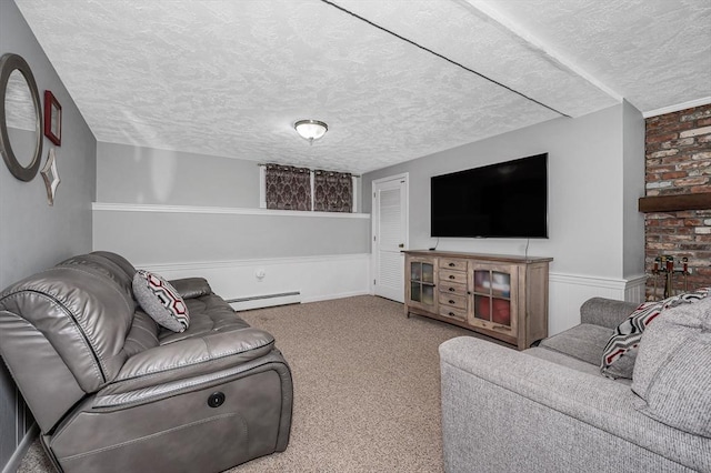 10 Shea Cir, Burlington, MA 01803 - carpeted living area with a textured ceiling, a baseboard heating unit, and a wainscoted wall
