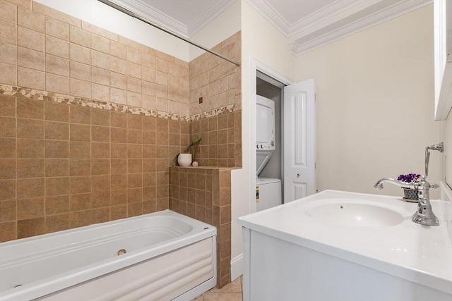 full bathroom with vanity, ornamental molding, and shower / washtub combination