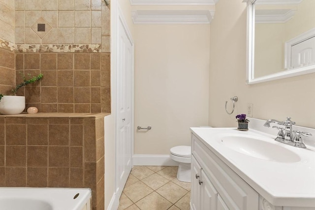 bathroom featuring vanity, ornamental molding, toilet, baseboards, and tile patterned floors