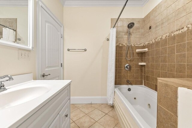 full bathroom featuring vanity, crown molding, baseboards, a combined bath / shower with jetted tub, and tile patterned floors