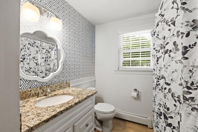 42 Mary Anne Ave, Brockton, MA 02302 - bathroom featuring a baseboard heating unit, vanity, wallpapered walls, tile patterned floors, and a shower with shower curtain