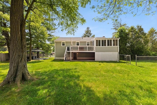 42 Mary Anne Ave, Brockton, MA 02302 - rear view of property with stairway, a gazebo, a deck, and a sunroom