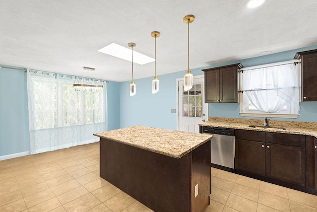 42 Mary Anne Ave, Brockton, MA 02302 - kitchen with dishwasher, dark brown cabinetry, a kitchen island, decorative light fixtures, and light tile patterned floors