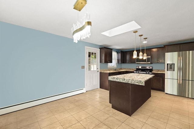42 Mary Anne Ave, Brockton, MA 02302 - kitchen with stainless steel appliances, a baseboard radiator, a skylight, and dark brown cabinetry