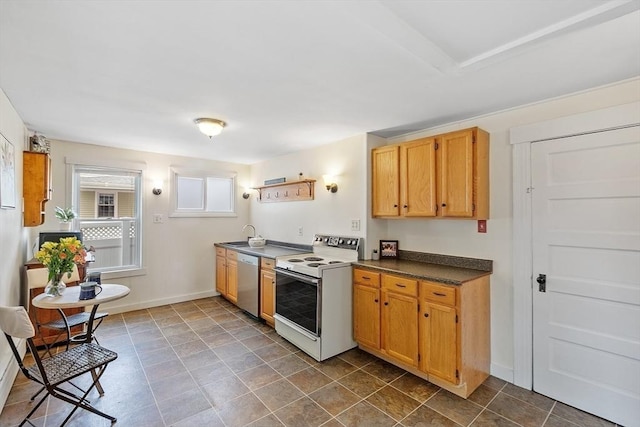 49 Maple St, Oakham, MA 01068 - kitchen with electric range, stainless steel dishwasher, dark countertops, baseboards, and open shelves