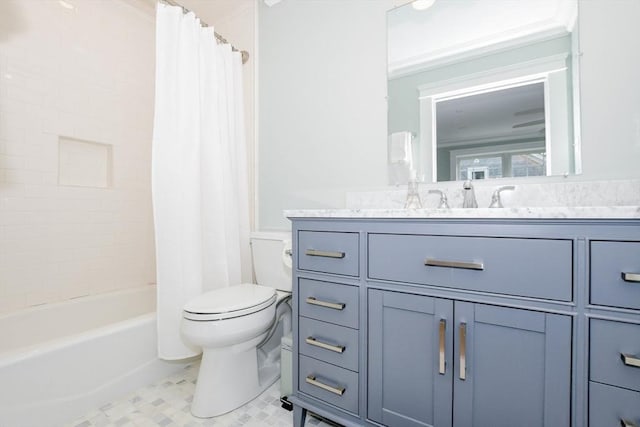 full bath with toilet, shower / tub combo, and vanity