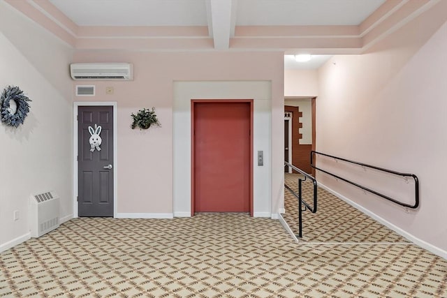 46 Ashford Unit 14, Methuen, MA 01844 - foyer with an AC wall unit, light colored carpet, elevator, beam ceiling, and heating unit