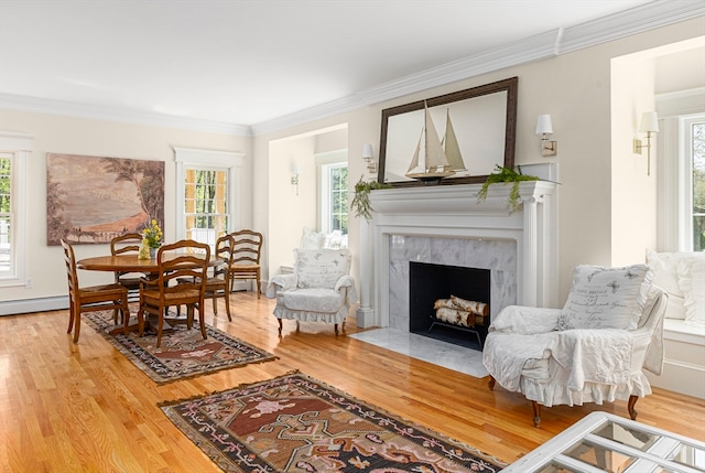 living room featuring crown molding, light hardwood / wood-style floors, a fireplace, and a baseboard radiator