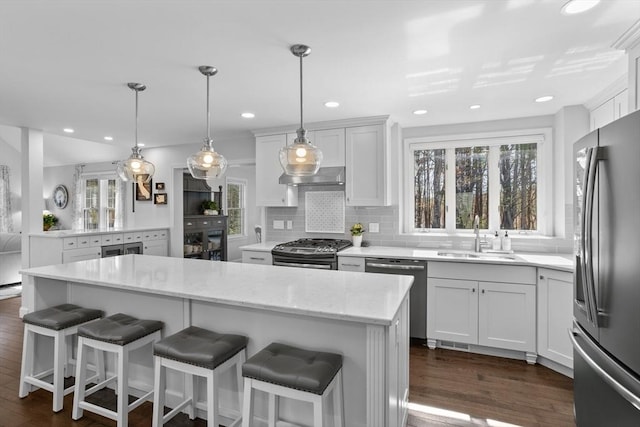 kitchen with a sink, stainless steel appliances, range hood, tasteful backsplash, and dark wood-type flooring