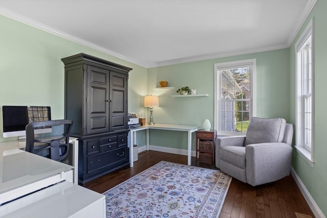 office space with crown molding, baseboards, a wealth of natural light, and dark wood-type flooring