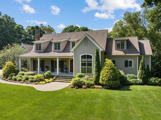 view of front of house featuring a chimney, a porch, and a front lawn