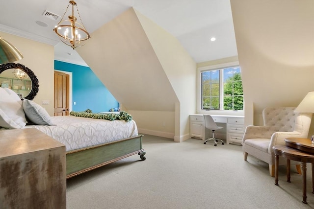 carpeted bedroom featuring a chandelier, baseboards, visible vents, and vaulted ceiling