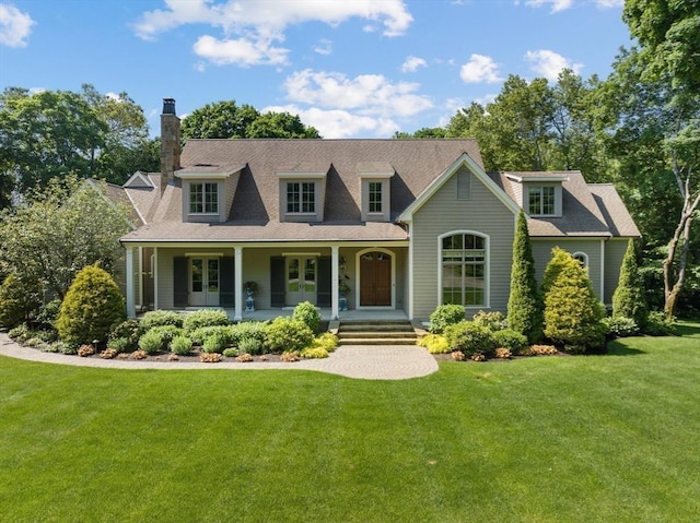cape cod home with a chimney, french doors, covered porch, and a front yard