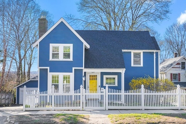 view of front of home with a shingled roof, a fenced front yard, and a chimney