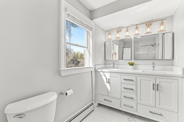full bath featuring toilet, a sink, marble finish floor, and a baseboard radiator