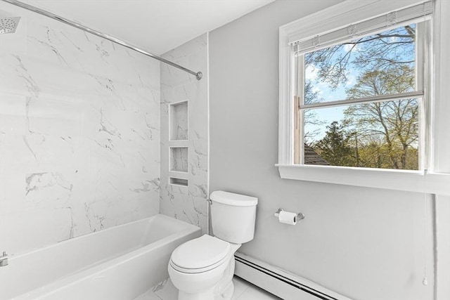 bathroom featuring baseboard heating, bathtub / shower combination, and toilet